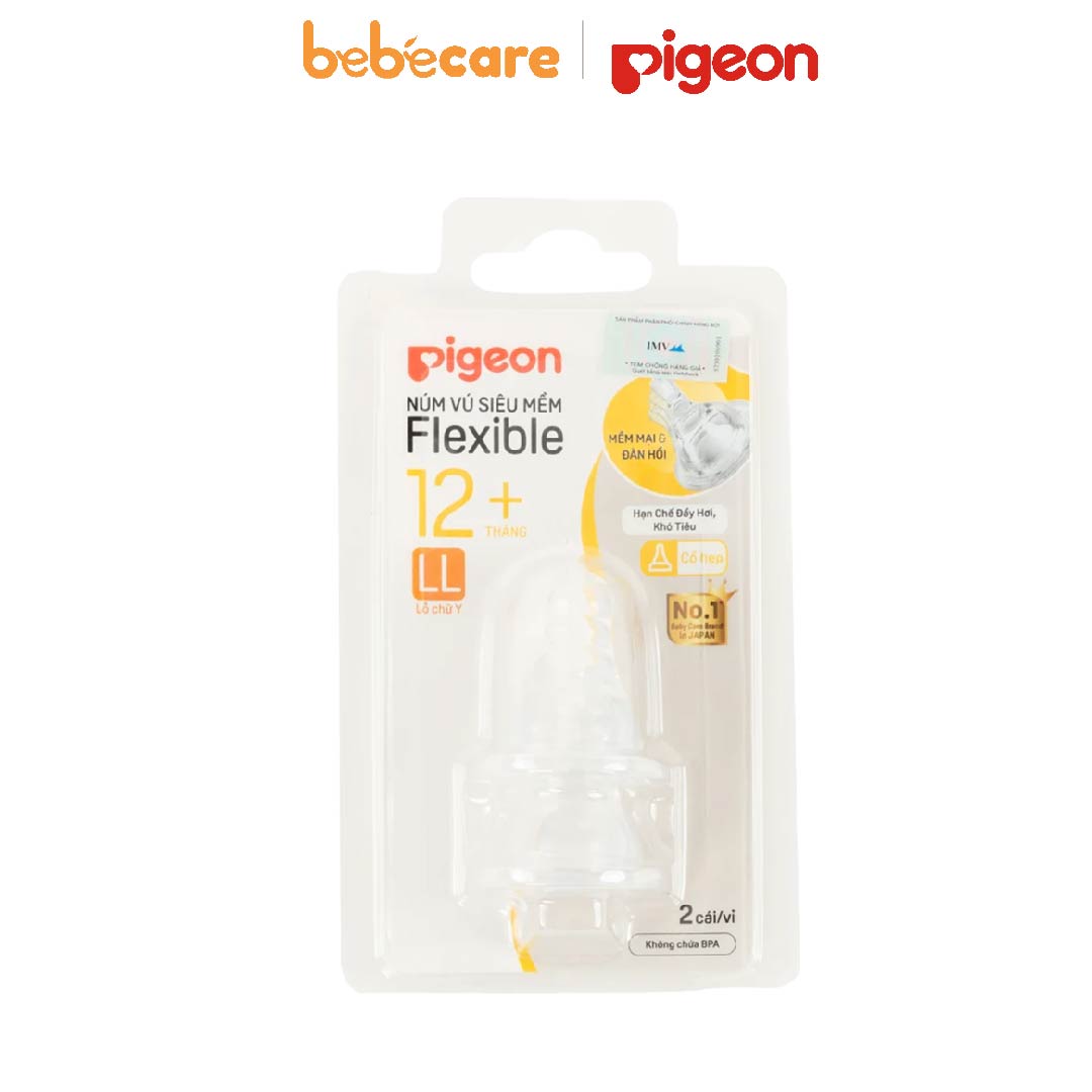 Núm ti Flexible-Vỉ 2 Núm Vú Cổ Hẹp Size LL Silicone Pigeon (Từ 12 Tháng)